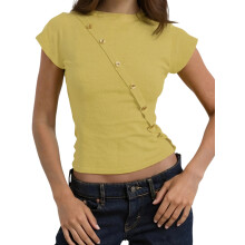 (XL, Ginger) Women's Summer T Shirts Short Sleeve Crew Neck Solid Color Buttons Decor Slim Fit Ribbed Crop Tops