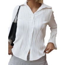 (M, White) Dámské topy s dlouhým rukávem, ležérní, slim fit, knoflíky, jednobarevné, pro podzimní denní nošení