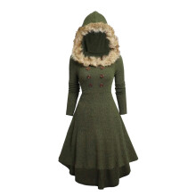 (L, Army Green) Vánoční retro šaty pro ženy s dlouhým rukávem a kapucí, nepravidelný lem, ideální na párty