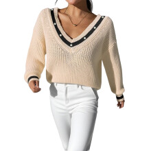 (M, Champagne) Womens Knitted Tops Lantern Long Sleeve V Neck Loose Fitted Contrast Color Pullover Sweater