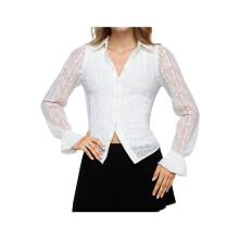 (L, White) Chemises d'automne pour femmes, en dentelle, col rabattu, manches longues transparentes, ajustées.