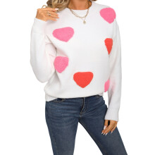 (L, White) Women's Valentine's Day Knit Sweater Long Sleeve Round Neck Heart Print Knitwear