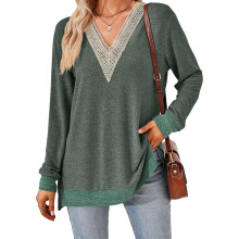 (L, Army Green) Women's Contrast Color Tops Fashionable V Neck Long Sleeve Loose Fit Fall Shirts