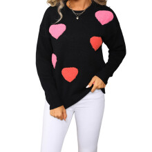 (L, Black) Pull en maille pour femme, manches longues, col rond, imprimé cœur, idéal pour la Saint-Valentin
