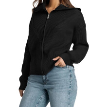 (One Size, Black) Dámský podzimní svetr s dlouhým rukávem, jednobarevný, klopový, pletený kabát na zip