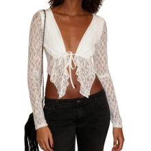 (S, White) Women's Tie Front Lace Tops Fashionable Solid Color Slim Fit Long Sleeve Crop Shirt