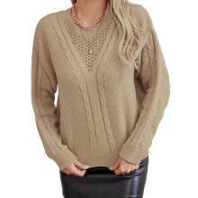 (XL, Khaki) Womens Knit Tops Long Sleeve Crew Neck Solid Color Loose Fitted Pullover Fall Sweater
