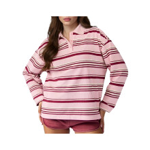 (L, Pink) Dames T-shirt, lange mouwen, omgeslagen kraag, losse pasvorm, casual gestreepte top voor de herfst, streetwear