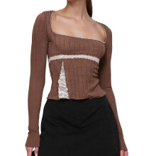 (S, Dark Brown) Női csipkés patchwork pólók, blúzok