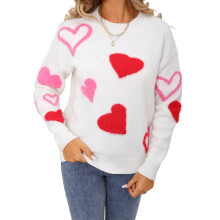 (S, White) Pull pour femme pour la Saint-Valentin, manches longues, col rond, imprimé cœur, en maille