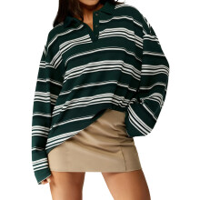 (M, army green) Dames T-shirt, lange mouwen, omgeslagen kraag, losse pasvorm, casual gestreepte top voor de herfst, streetwear
