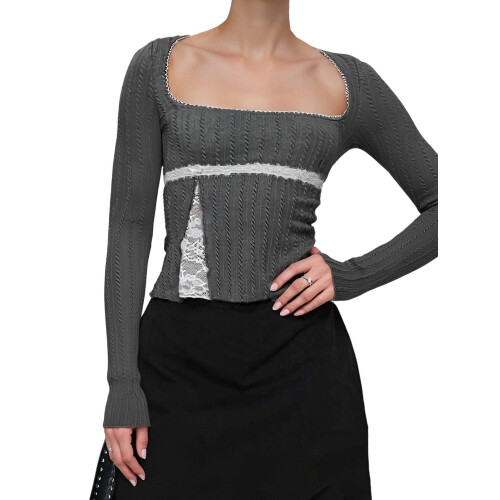 (M, Dark Grey) Női csipkés patchwork pólók, blúzok