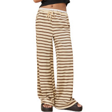 (L, Light Brown) Gestreifte Damenhose mit weitem Bein, modisch, lässig, locker geschnitten, Kordelzug, niedrige Taille, Taschen