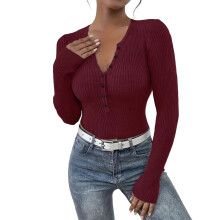 (S, Red) Women Slim Fit Henley Tops Long Sleeve Solid Color Ribbed Knit Shirt Casual Daily Wear Pullover