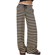 (L, Black) Gestreepte damesbroek met wijde pijpen, modieuze casual losse pasvorm, lage taille met trekkoord en zakken.