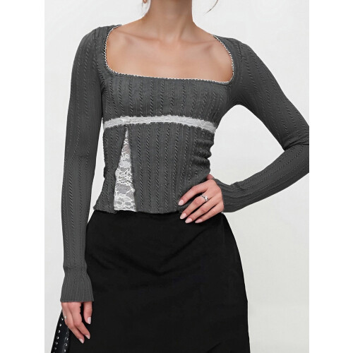 (M, Dark Grey) Női csipkés patchwork pólók, blúzok 2