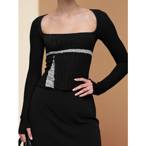 (S, Black) Női csipkés patchwork pólók, blúzok 2