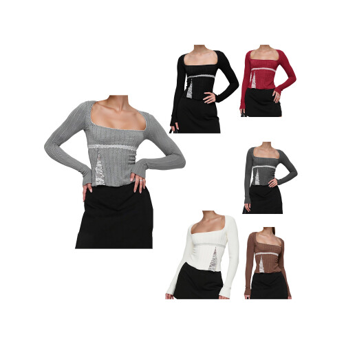 (S, Dark Brown) Női csipkés patchwork pólók, blúzok 2