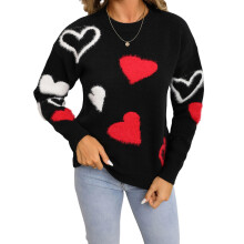 (XL, Black) Női Valentin-napi hosszú ujjú, kerek nyakú, szívmintás kötöttáru felsők