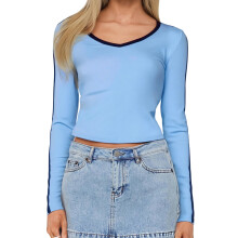(S, Light Blue) Women's V Neck Tops Fashionable Versatile Contrast Color Long Sleeve Slim Fit Crop Shirts
