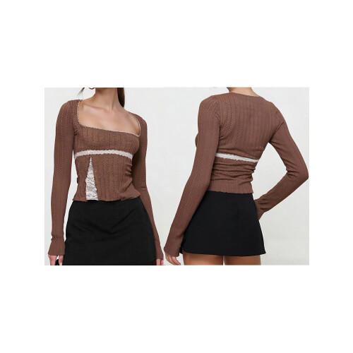 (S, Dark Brown) Női csipkés patchwork pólók, blúzok 1