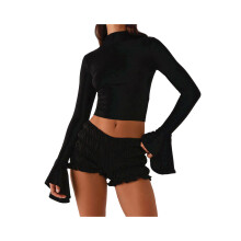 (S, Black) Women's Yoga Crop Tops Solid Color Long Sleeve Mock Neck Slim Fit T-Shirt for Spring Fall