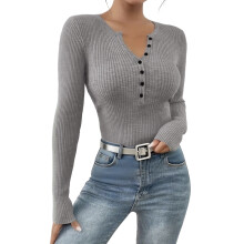 (XL, Gray) Női karcsú Henley felsők, hosszú ujjú, egyszínű, bordázott pulóver,hétköznapi viselet