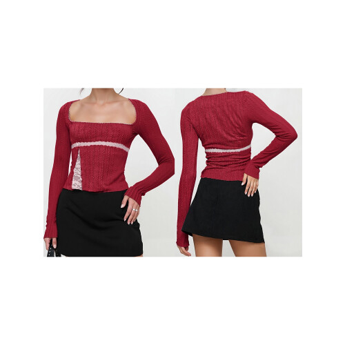 (S, Red) Női csipkés patchwork pólók, blúzok 1