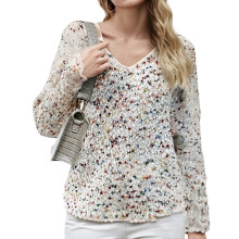 (S, White) Women's Autumn Loose Sweater Colorful Jacquard Long Sleeve V-Neck Knitwear Pullover