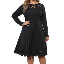 (XXL, Black) Robe midi femme, robe à manches longues, col rond, robe ample unie ajourée d'automne