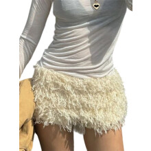 (S, Creamy White) Womens Fuzzy Shorts Slim Fit Solid Color Elastic Waist Mini Shorts Trendy Summer Streetwear