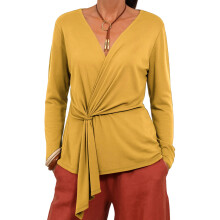 (L, Yellow) Women's V Neck Knitted Tops Fashionable Solid Color Loose Fit Long Sleeve Tie Knot Blouse