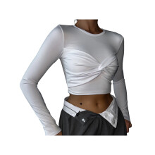 (S, White) Women's Crop Tops Twist Knot Front Long Sleeve Crew Neck Blouse Slim Fit Casual Going Out Shirts