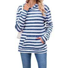 (XL, Blue) Női tavaszi-őszi kapucnis pulóver, hosszú ujjú, csíkos, zsebes kapucnis pulóver