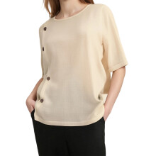 (M, Khaki) Dámská bavlněná halenka, volná, ležérní, s půl rukávem, kulatým výstřihem, boční knoflíky, dekorace
