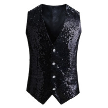 Colete masculino brilhante com lantejoulas, modelo blazer sem mangas com abotoamento simples, ideal para festas, na cor preta.