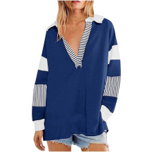 lulshou Dam Randig Överdimensionerad Sweatshirt Färgblock V-ringad Sweatshirts Långärmad Avslappnad Lös Pullover med Slagslag (Marinblå, M)
