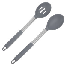 2 stuks siliconen lepels met sleufjes, flexibele lepel met rubberen grip, metalen kooklepel met handvat, kooklepel voor antiaanbakpannen