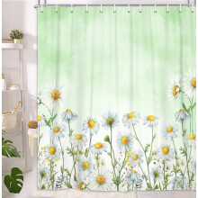 Douchegordijn met madeliefjes, bloemenstof, rustieke boho-stijl, wit met groene madeliefjes, 91 x 178 cm, inclusief 12 haken.