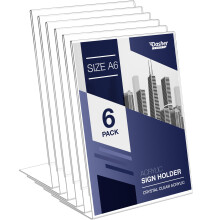 Slant Back Acrylic Sign Holder A6, 6 Pack, Portrait Ad Frames, Clear Picture Frame for Signs, Brochure, Flyer, Menu, Paper, Poster, Display. Slanted
