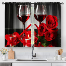 Red Rose Wine Glass Kitchen Curtains – Rustic Farmhouse Cafe Tier Drapes, 2 Panels (28"x24"), Valentine Floral Decor, Compatible with Standard Rod
