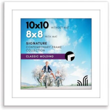 10x10 Picture Frame with Shatter-Resistant Glass – Use as 8x8 w/ Mat or 10x10 w/o Mat – White Square Frame for Wall Display – Signature