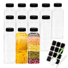 BiBOTLSFLY 500ml 12 Pack Plastic Juice Bottles with Black Lids, Reusable Bulk Beverage Containers for Storing Juices, Milk, Smoothie and Other Homema