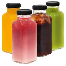 LIMILI Glass Bottles with Lids, 4pcs 500ml Reusable Wide Mouth Clear Glass Juice Bottles, for Milk, Hot Cold Drinks, Homemade Beverages (Black - 300M
