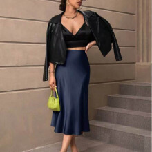 YOUSNH Dames Satijnen Slim Fit Rok Effen Kleur Middellange Fishtail Rok Damesrok Donkerblauw S