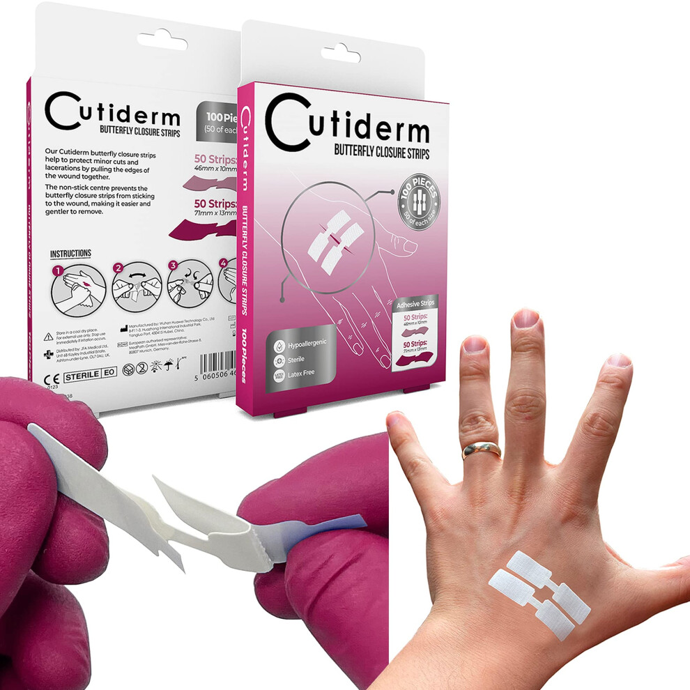 Cutiderm Skin Sterile Butterfly Wound Closure Suture Strips, 2 Sizes - Box Of 100