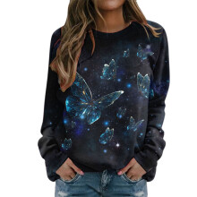 Damtröjor med lång ärm, glittrigt grafiskt tryck, rund hals, pullover, höstvinter, casual, lös passform, tröjor