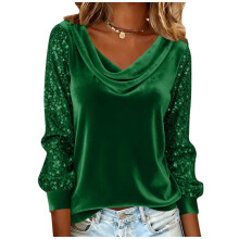 Top de mujer, blusa tipo jersey de manga larga con cuello en V y patchwork de lentejuelas, top informal con detalles brillantes para un uso diario