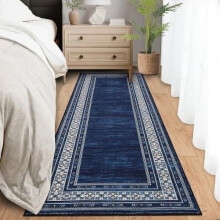 2'x6' Washable Runner Rug, Modern Bordered Floral Non-Slip Bedroom Runner for Laundry Room, Kitchen, Blue
