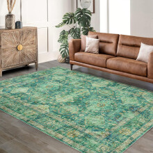 5x7 Area Rugs for Living Room, Washable Non Slip Vintage Boho Rugs, Low Pile Distressed Medallion Print Rug for Bedroom Green